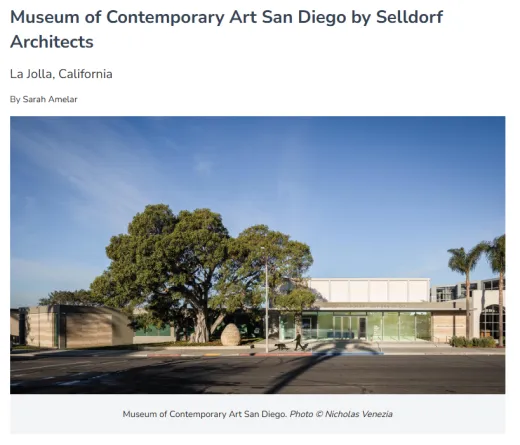 Museum of Contemporary Art San Diego featured in Architectural Record